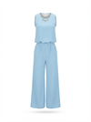 Light blue top and pants set with necklace
